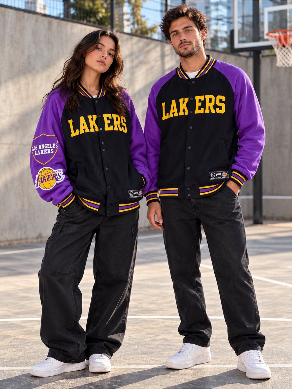 NBA Los Angeles Lakers Purple Black Varsity Snap Jacket Size Men L Unisex Retro